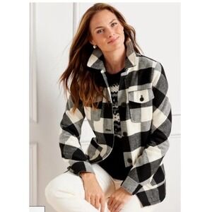 Talbots Womens 1X Belle‎ Check Lined Jacket Black/White Shacket Wool Blend Chic